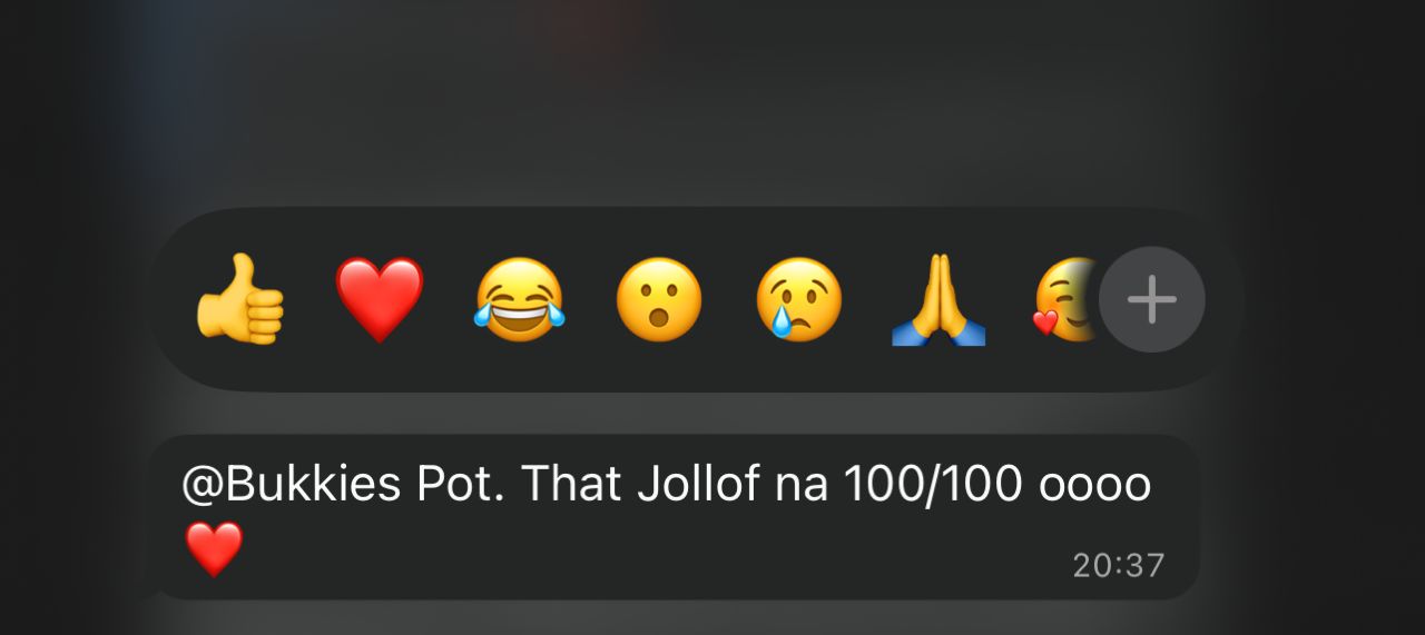 WhatsApp message from customer saying guests loved the dishes served by Bukkies Pot